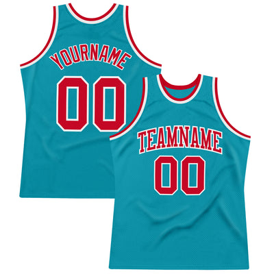 Custom Teal Red-White Authentic Throwback Basketball Jersey