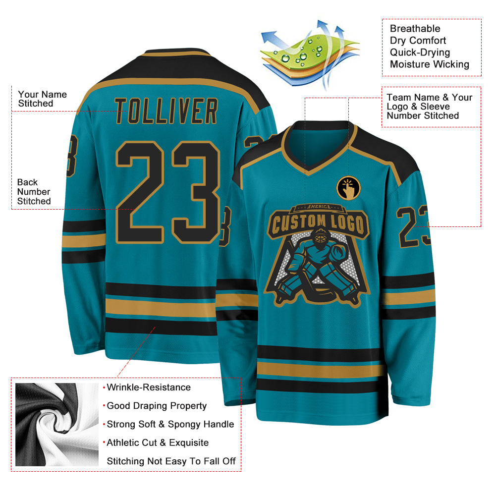 Custom Teal Black-Old Gold Hockey Jersey