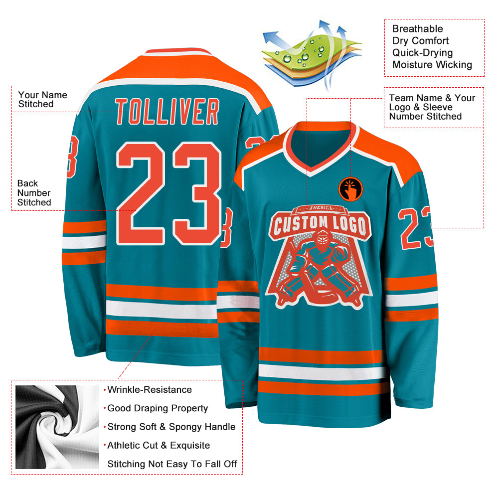 Custom Teal Orange-White Hockey Jersey