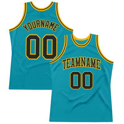Custom Teal Black-Gold Authentic Throwback Basketball Jersey