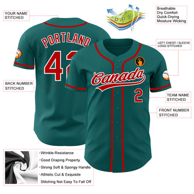Custom Teal Red-White Authentic Baseball Jersey