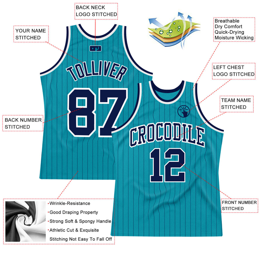 Custom Teal Navy Pinstripe Navy-White Authentic Basketball Jersey