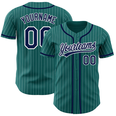 Custom Teal White Pinstripe Navy Authentic Baseball Jersey