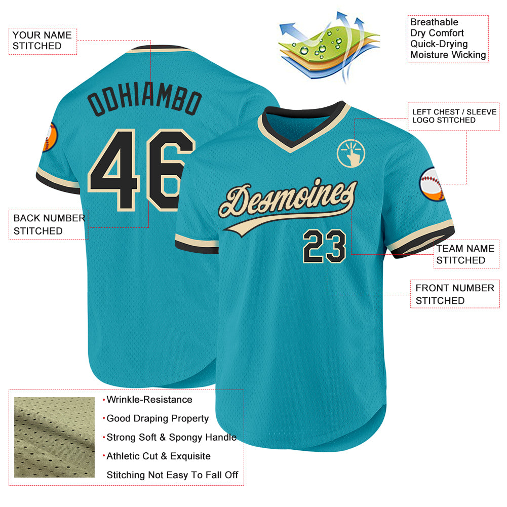 Custom Teal Black-Cream Authentic Throwback Baseball Jersey