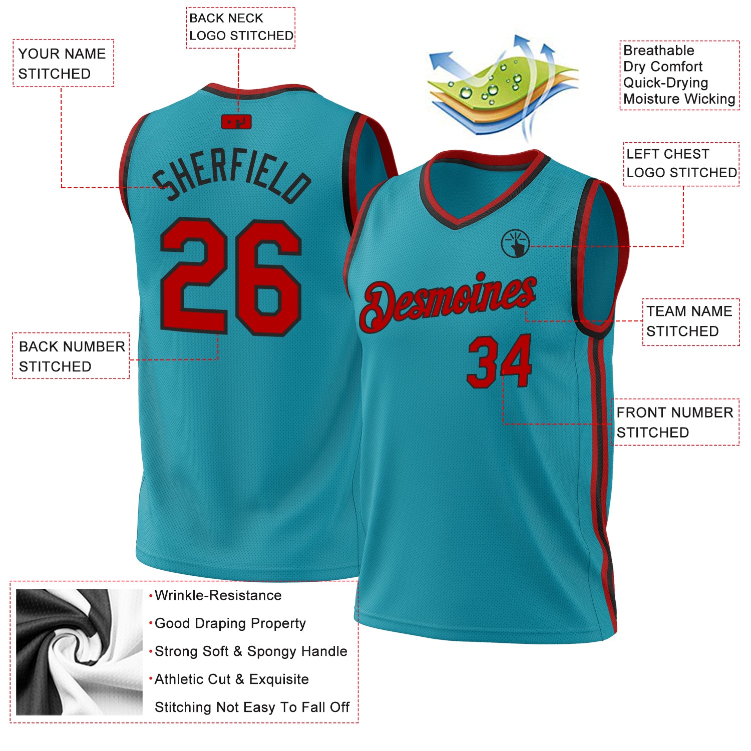 Custom Teal Red-Black Authentic Throwback Basketball Jersey