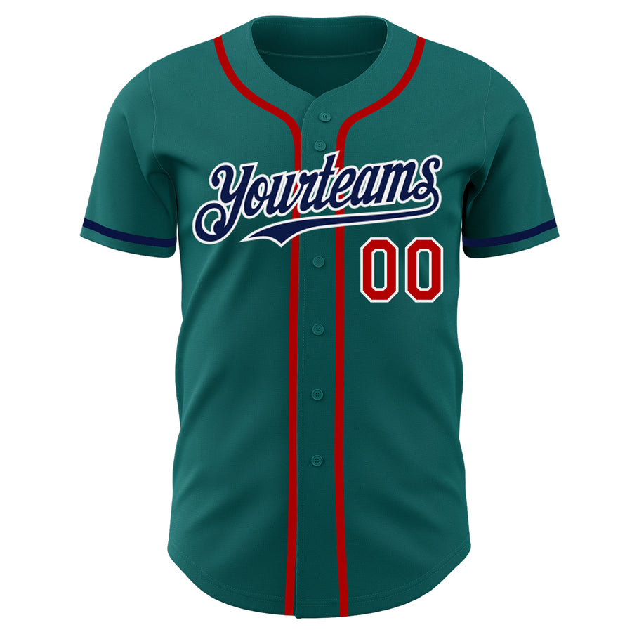 Custom Teal Navy-Red Authentic Baseball Jersey