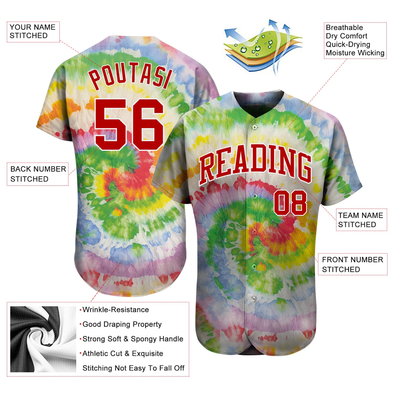 Custom Tie Dye Red-White 3D Authentic Baseball Jersey