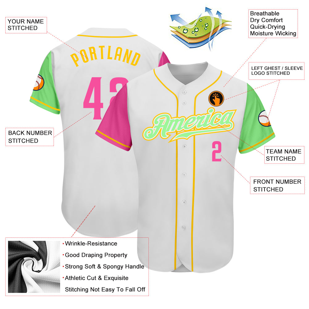 Custom Baseball Jersey White Pink Pea Green-Gold Authentic Two Tone