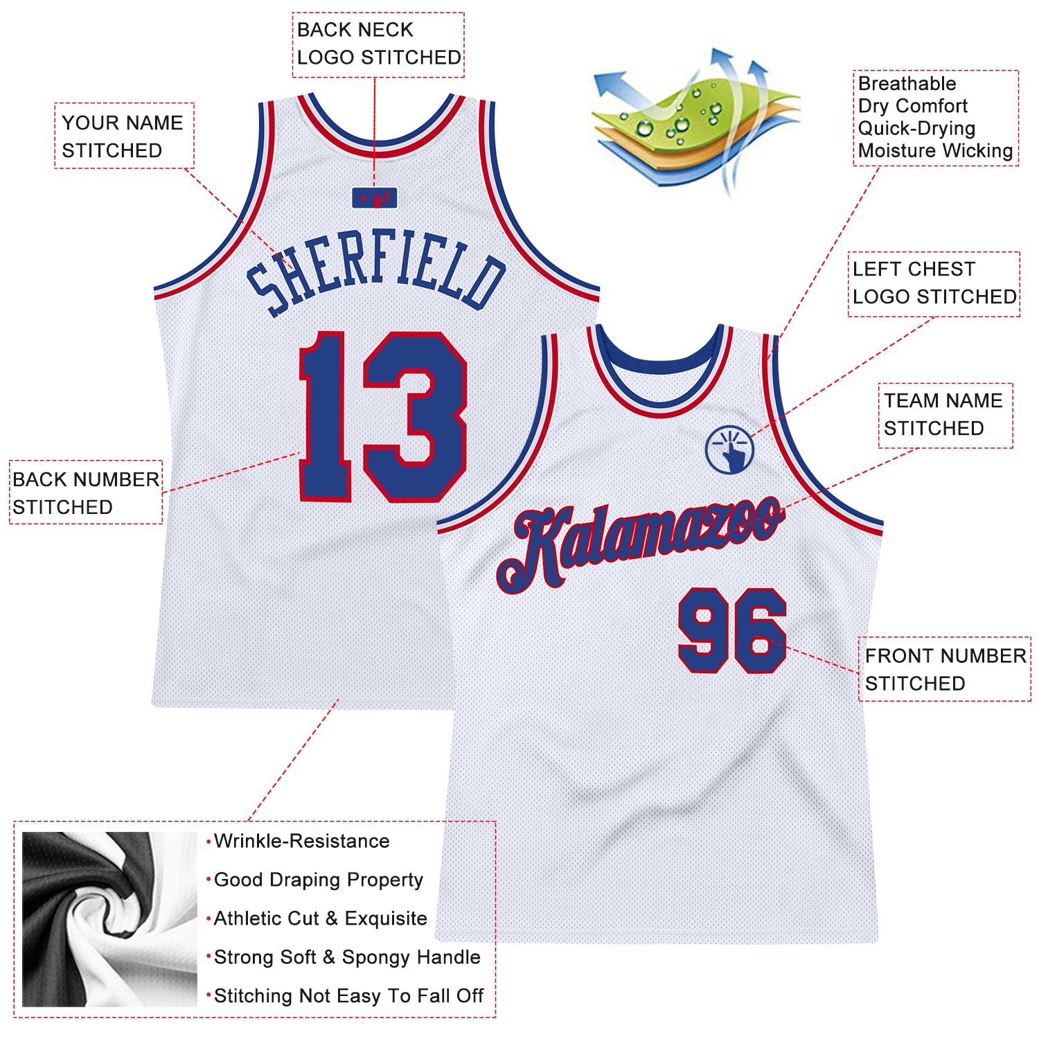 Custom White Royal-Red Authentic Throwback Basketball Jersey