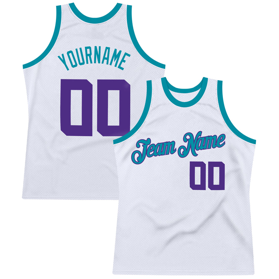 Custom White Purple-Teal Authentic Throwback Basketball Jersey