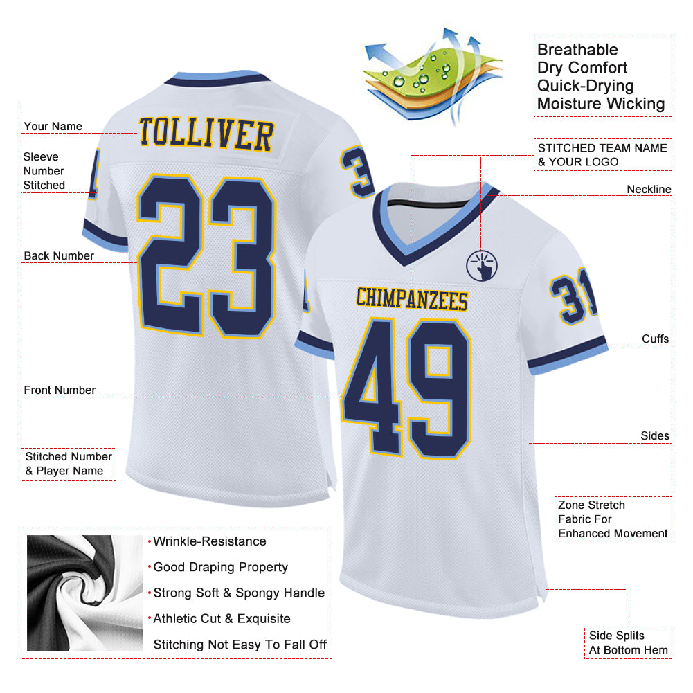Custom White Navy-Light Blue Mesh Authentic Throwback Football Jersey