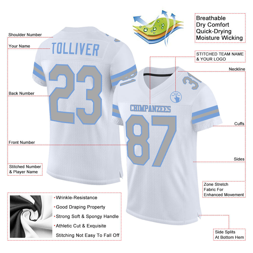 Custom White Gray-Light Blue Mesh Authentic Football Jersey