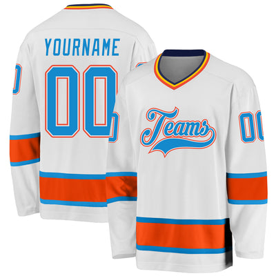 Custom White Blue-Orange Hockey Jersey
