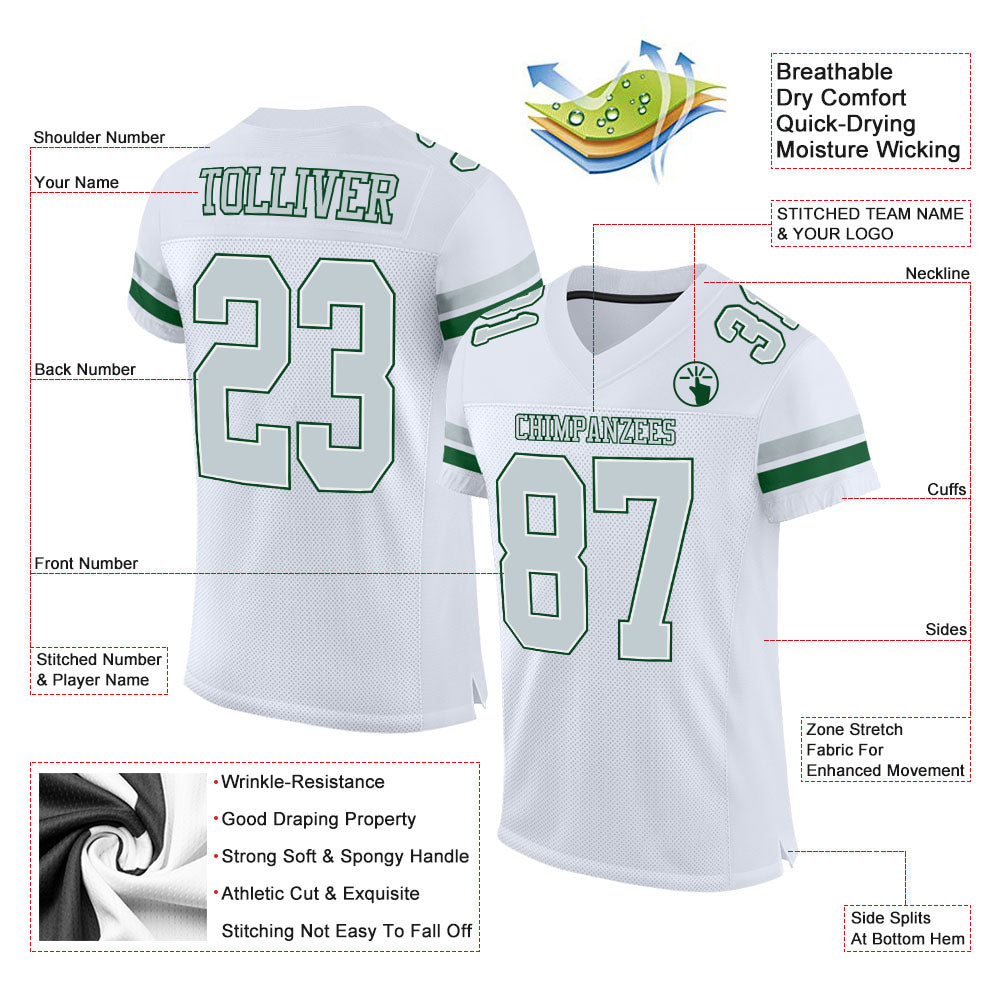 Custom White Football Jersey Silver-Green Mesh Authentic - FansIdea