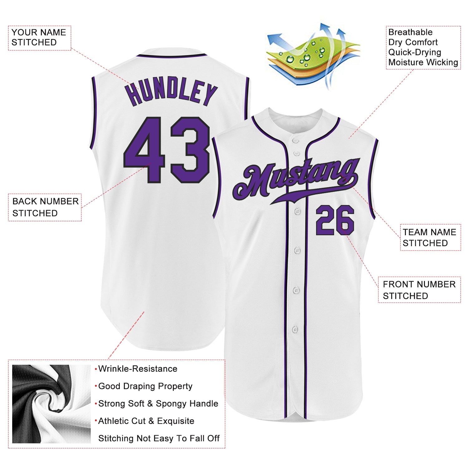 Custom White Purple-Black Authentic Sleeveless Baseball Jersey