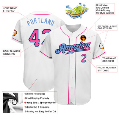 Custom White Pink-Light Blue Authentic Baseball Jersey