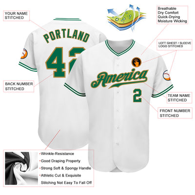 Custom White Kelly Green-Old Gold Authentic Baseball Jersey