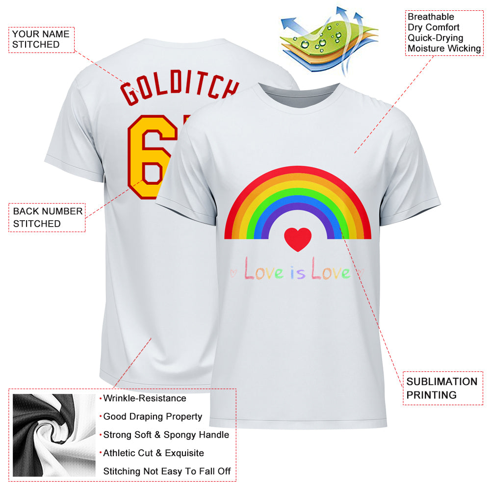Custom White Gold-Red Rainbow For Pride Month Love Is Love LGBT Performance T-Shirt