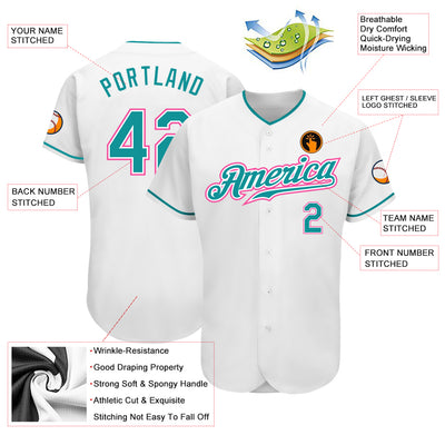 Custom White Teal-Pink Authentic Baseball Jersey