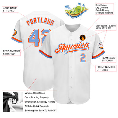 Custom White Powder Blue-Orange Authentic Baseball Jersey