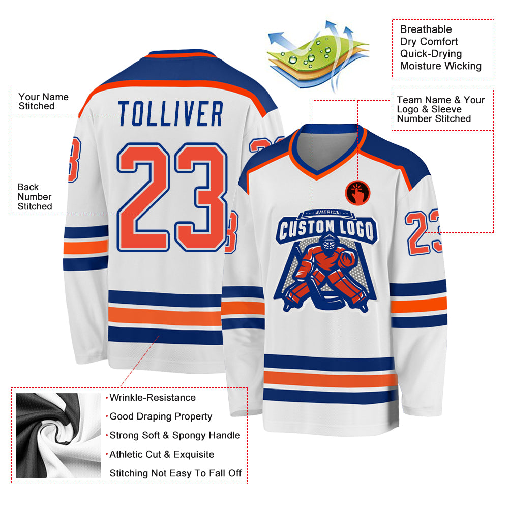 Custom White Orange-Royal Hockey Jersey