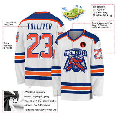Custom White Orange-Royal Hockey Jersey