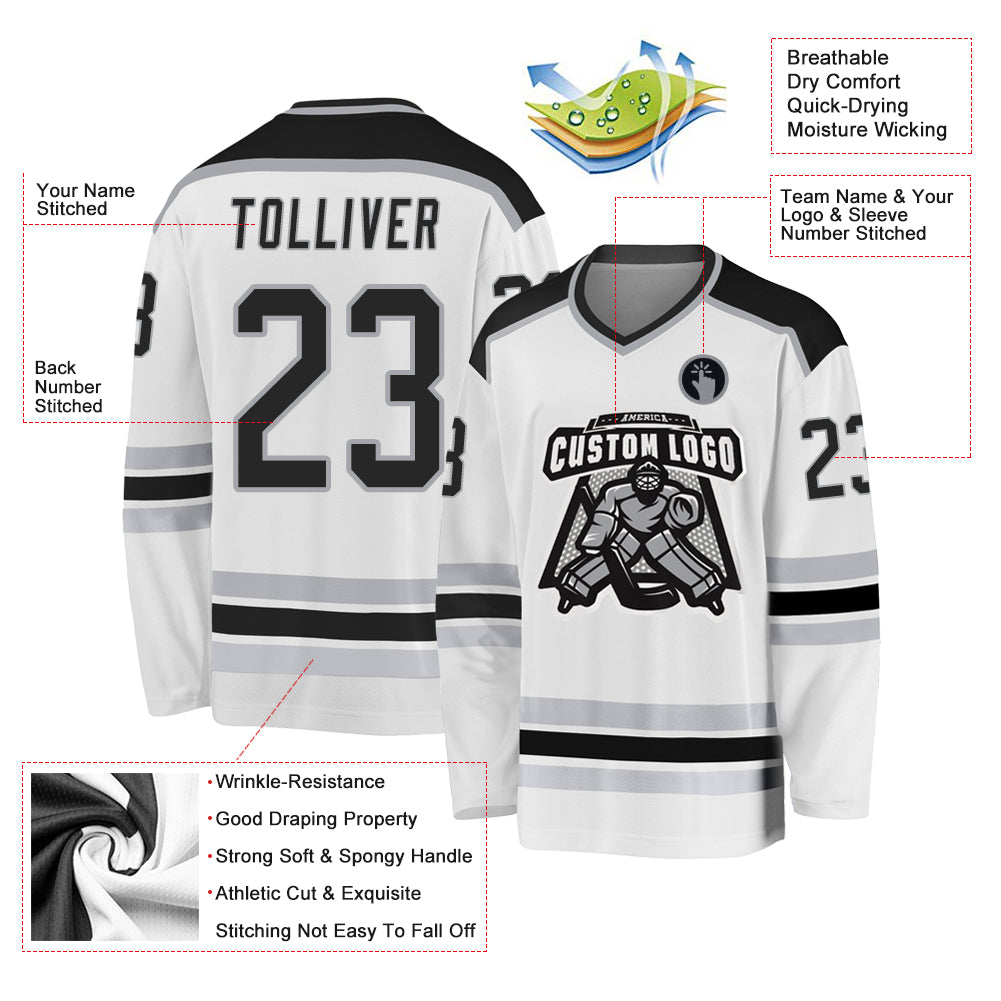 Custom White Black-Gray Hockey Jersey