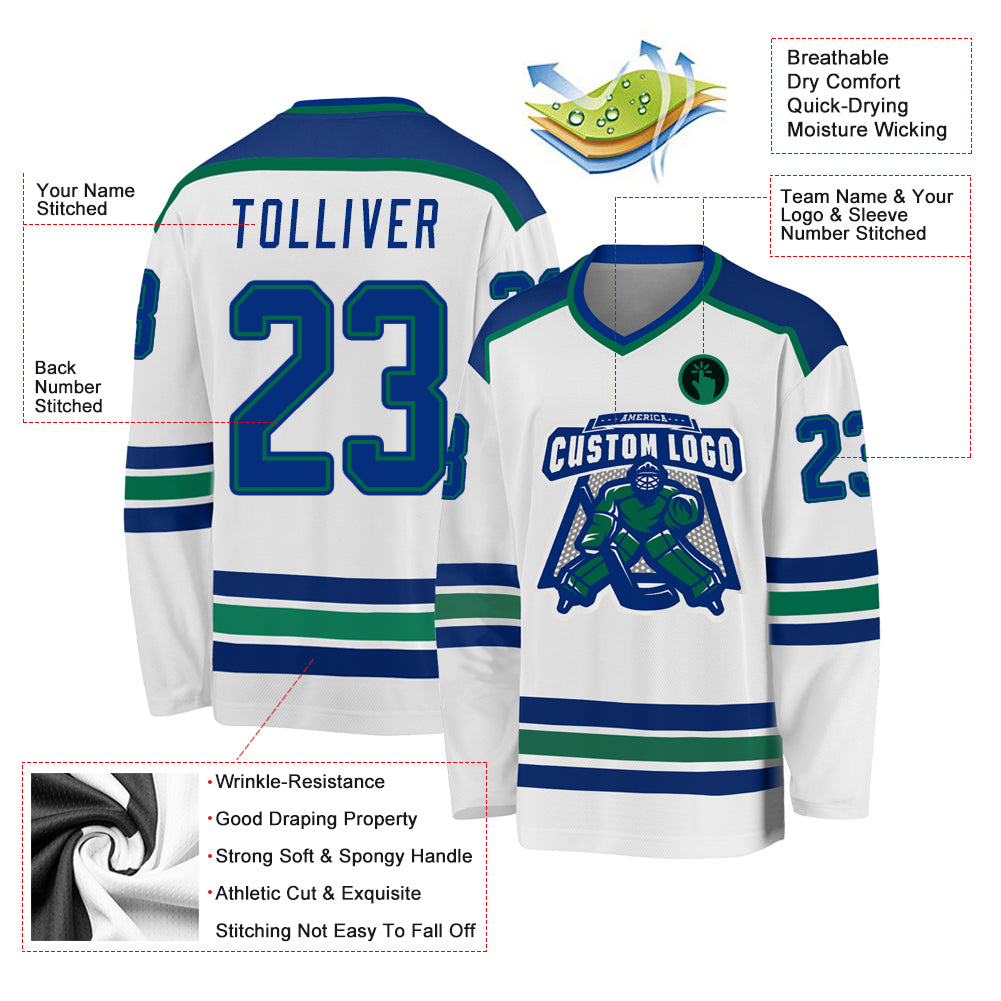 Custom White Royal-Kelly Green Hockey Jersey