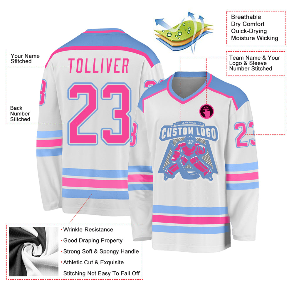 Custom White Pink-Light Blue Hockey Jersey