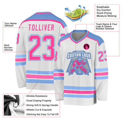 Custom White Pink-Light Blue Hockey Jersey