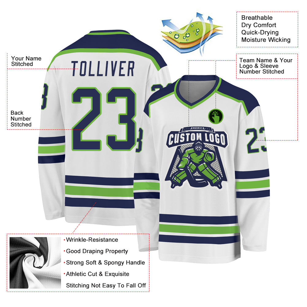 Custom White Navy-Neon Green Hockey Jersey