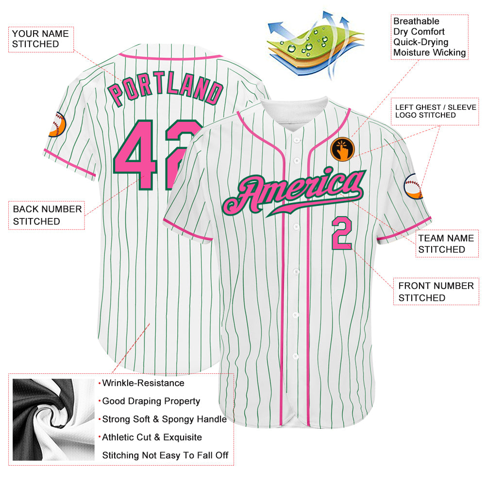 Custom White Kelly Green Pinstripe Pink-Kelly Green Authentic Baseball Jersey