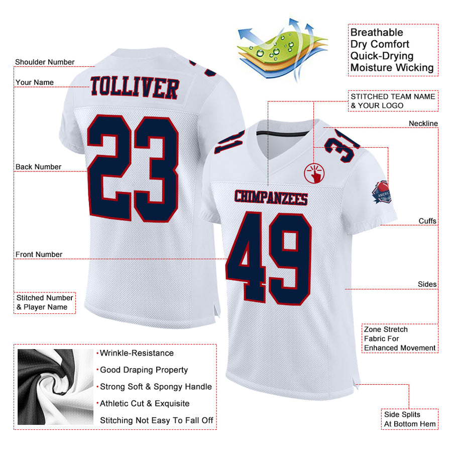 Custom White Navy-Red Mesh Authentic Football Jersey