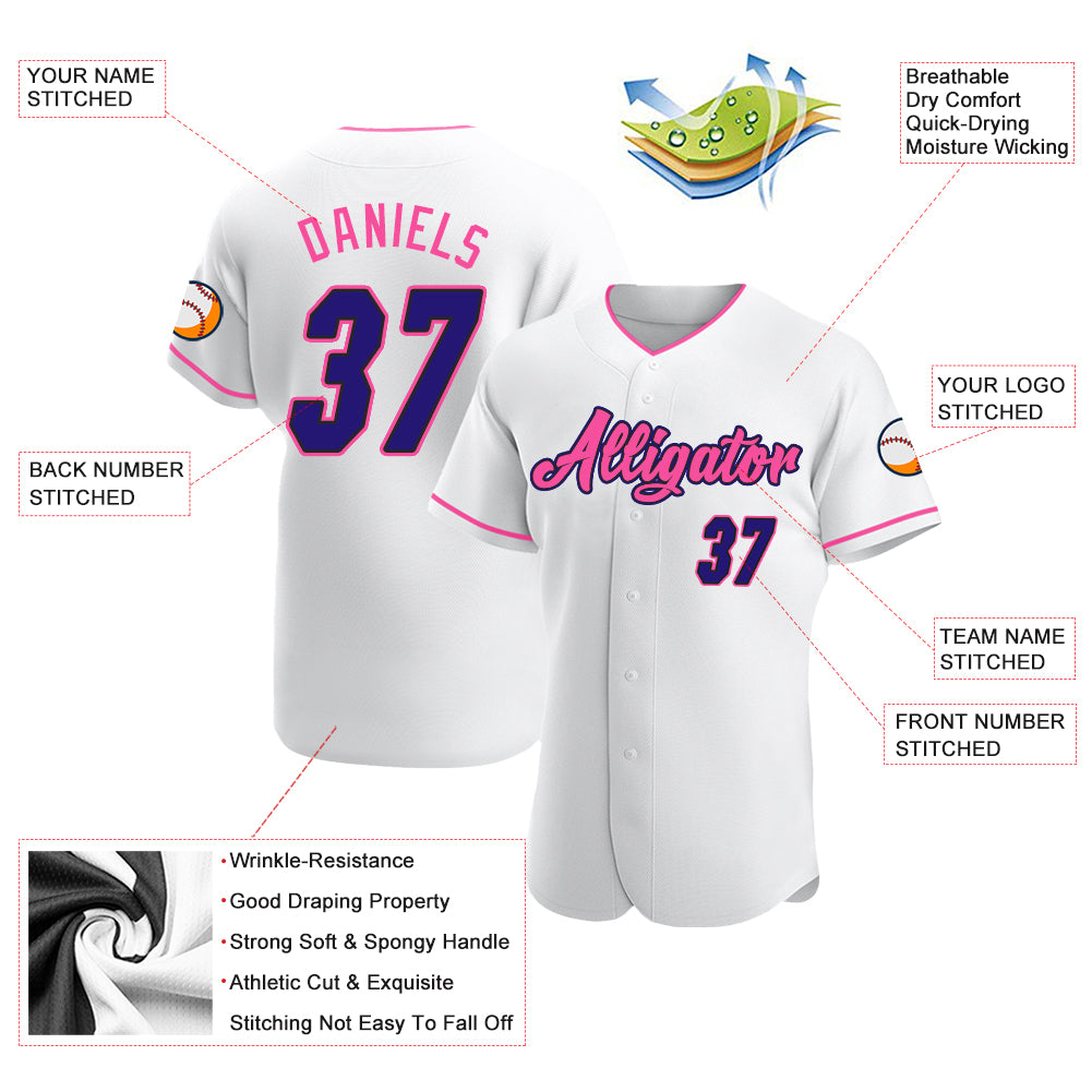 Custom White Dark Purple Black-Pink Authentic Baseball Jersey