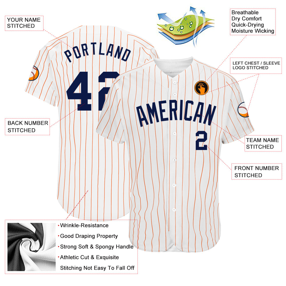 Custom White Orange Pinstripe Navy Authentic Baseball Jersey
