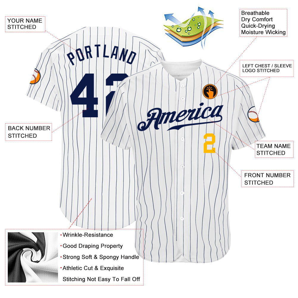 Custom White Navy Pinstripe Navy-Gold Authentic Baseball Jersey