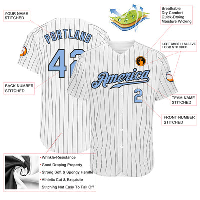 Custom White Black Pinstripe Light Blue-Black Authentic Baseball Jersey