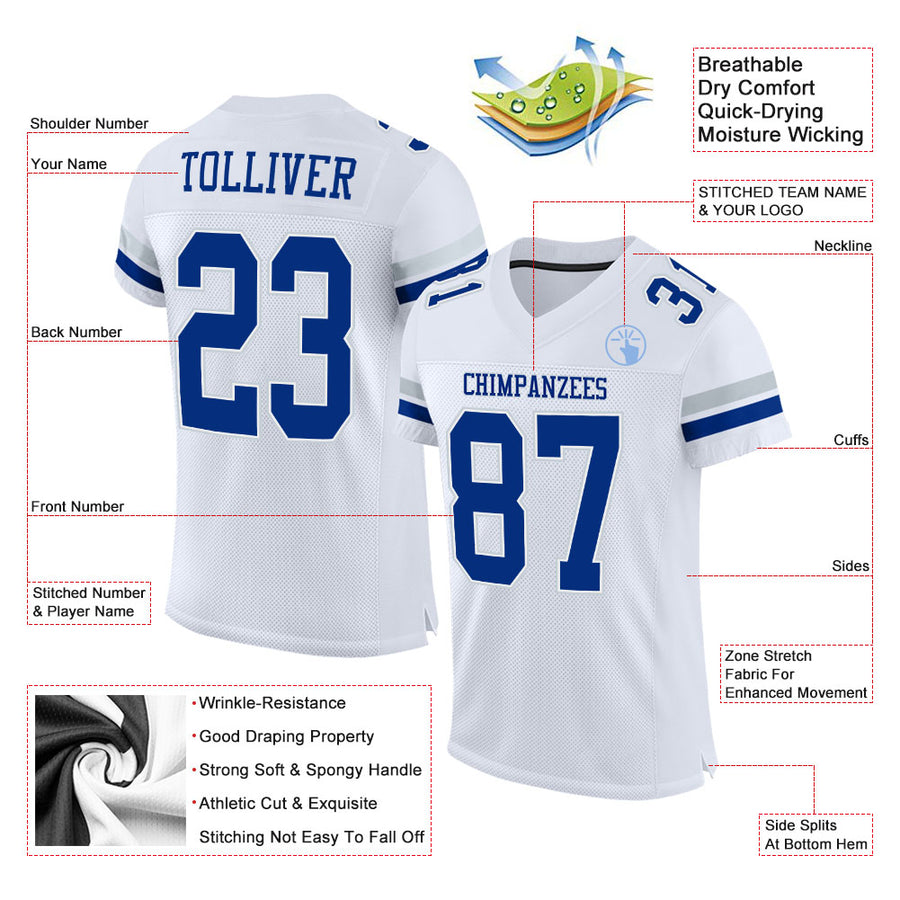 Custom White Royal-Silver Mesh Authentic Football Jersey