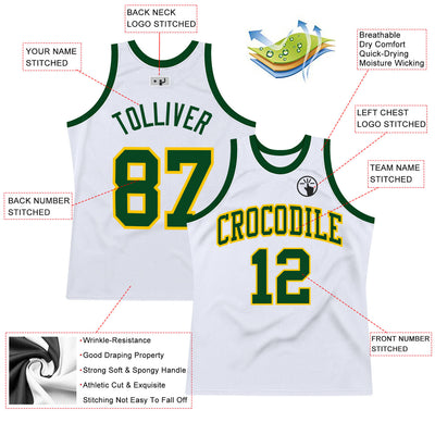 Custom White Green-Gold Authentic Throwback Basketball Jersey