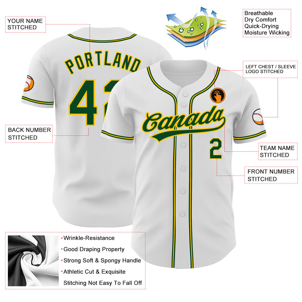 Custom White Green-Gold Authentic Baseball Jersey