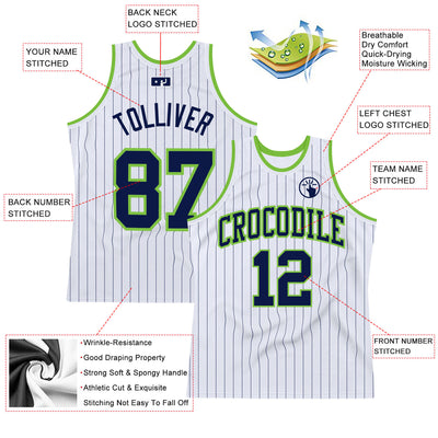 Custom White Navy Pinstripe Navy-Neon Green Authentic Basketball Jersey