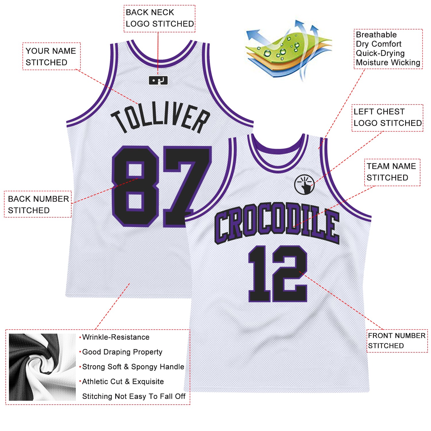 Custom White Black-Purple Authentic Throwback Basketball Jersey