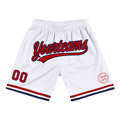 Custom White Red-Navy Authentic Throwback Basketball Shorts