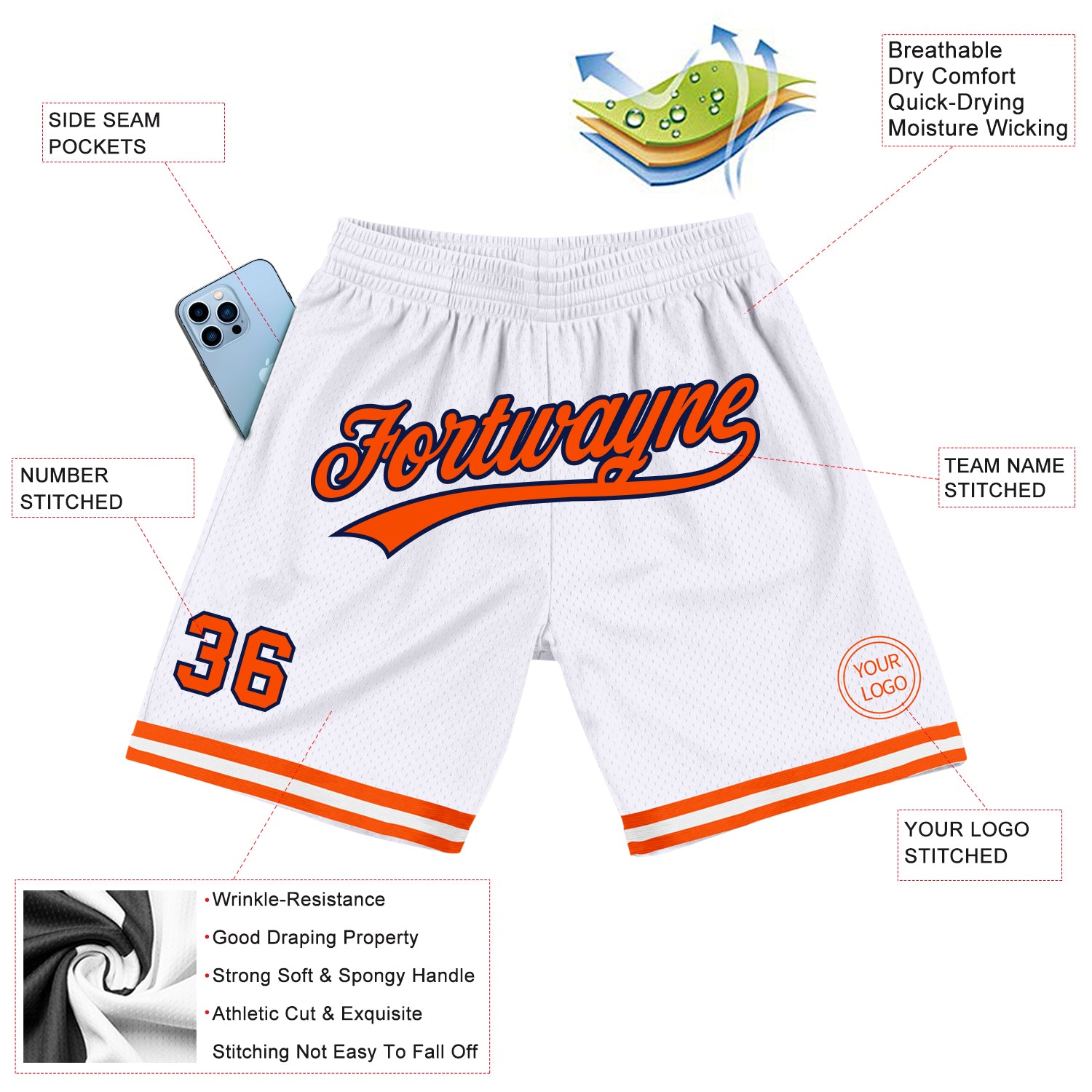 Custom White Orange-Navy Authentic Throwback Basketball Shorts