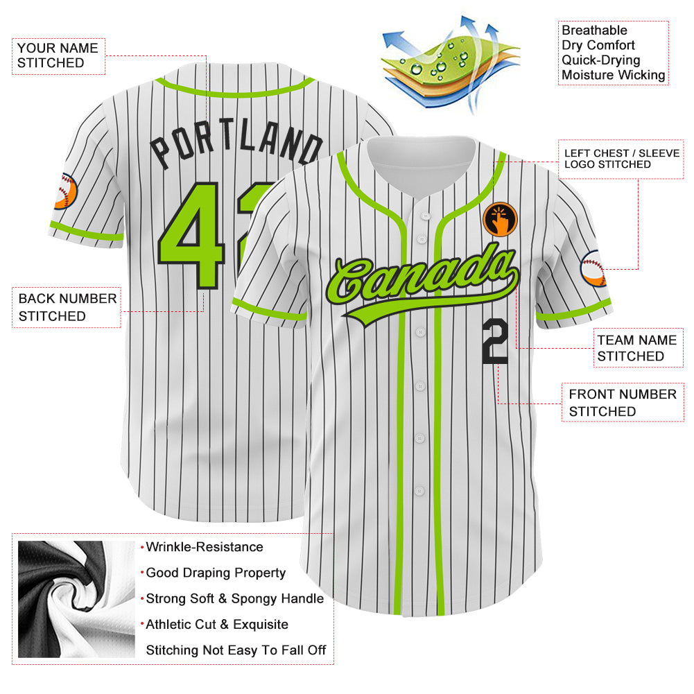 Custom White Black Pinstripe Neon Green Authentic Baseball Jersey