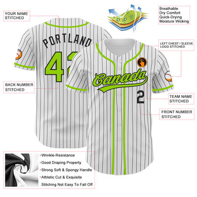 Custom White Black Pinstripe Neon Green Authentic Baseball Jersey