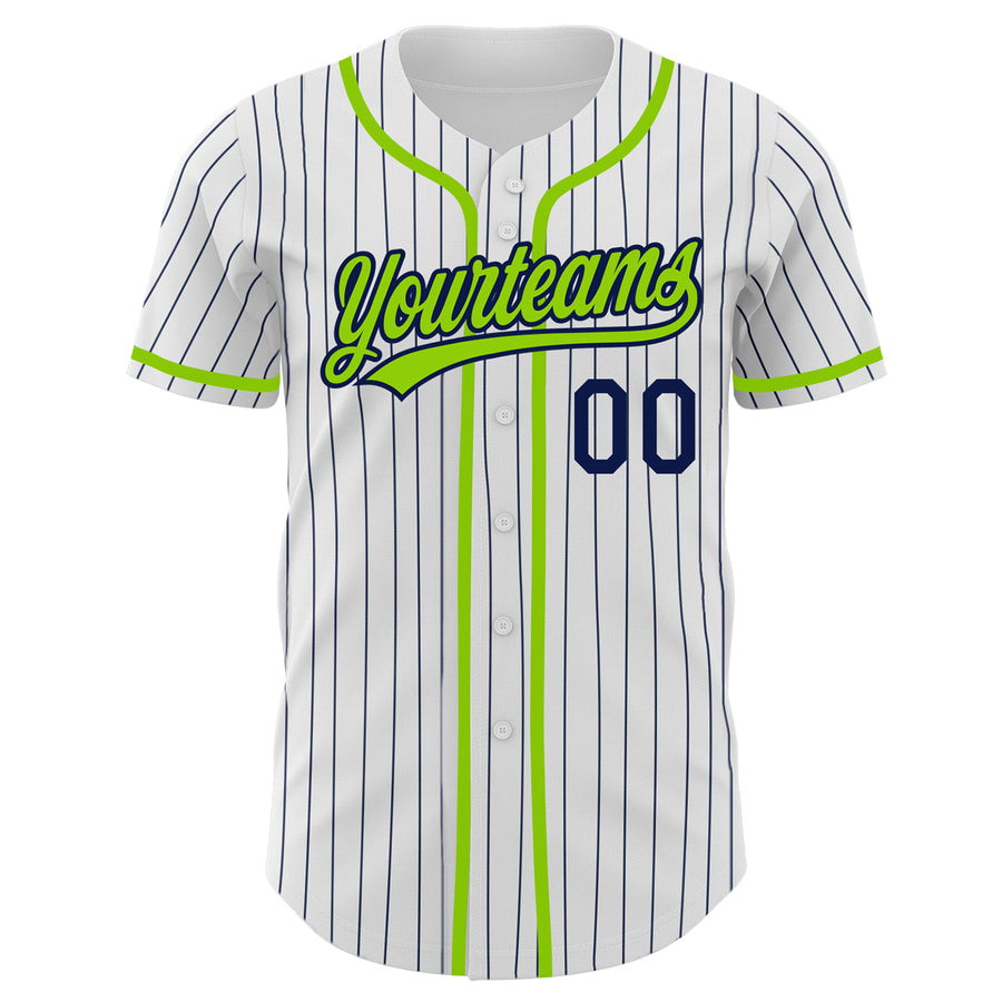Custom White Navy Pinstripe Neon Green Authentic Baseball Jersey