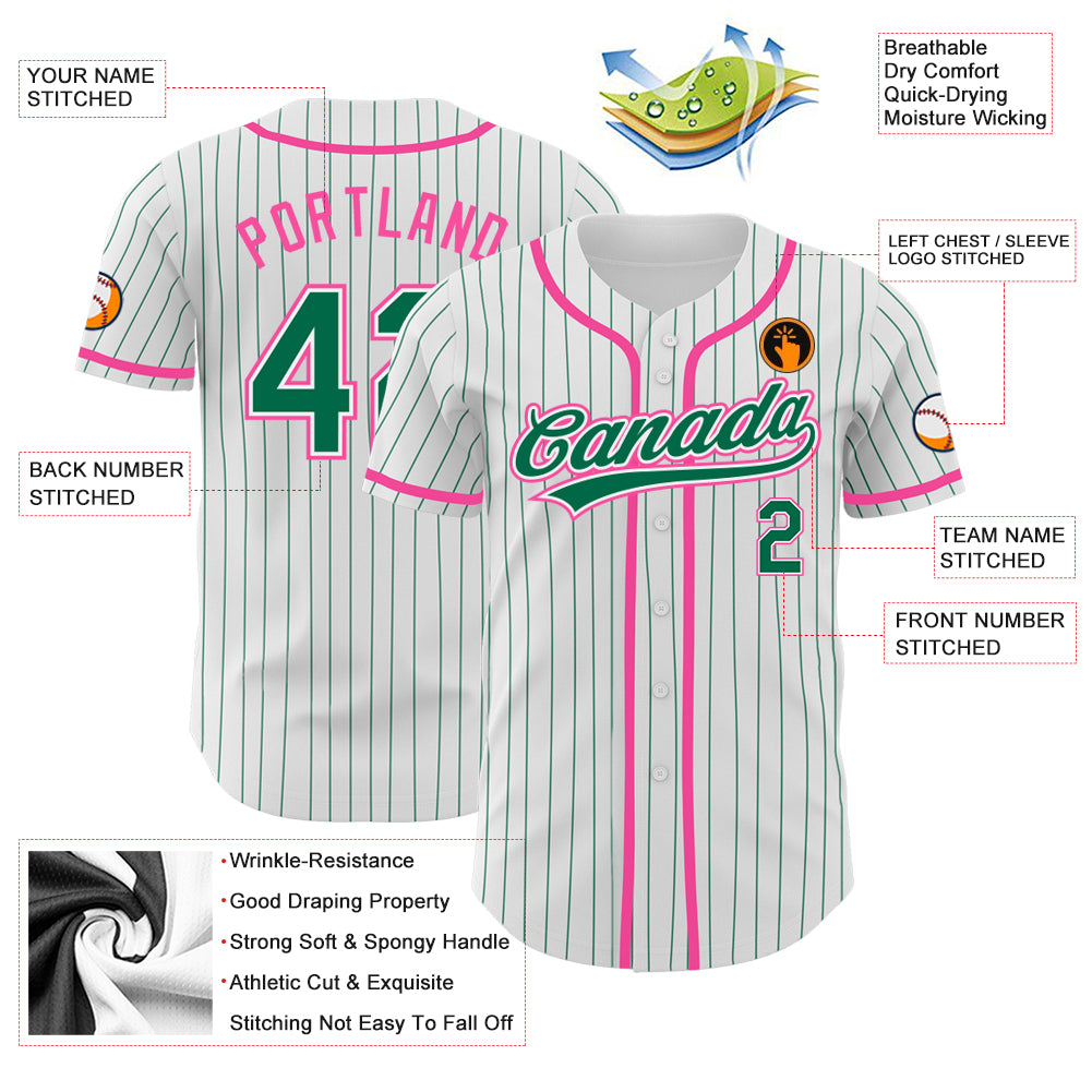 Custom White Kelly Green Pinstripe Kelly Green-Pink Authentic Baseball Jersey