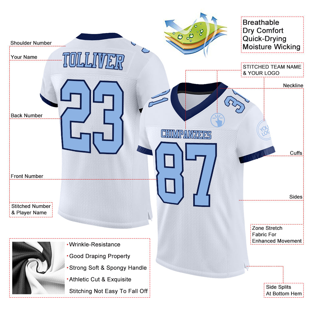 Custom White Light Blue-Navy Mesh Authentic Football Jersey