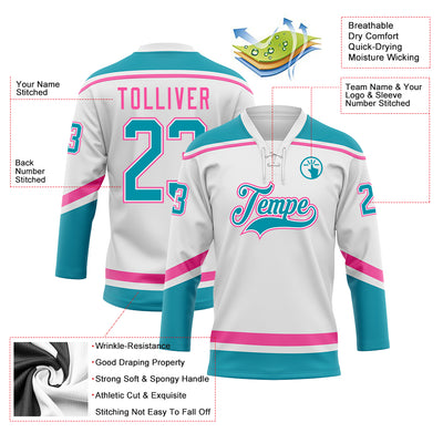 Custom White Teal-Pink Hockey Lace Neck Jersey